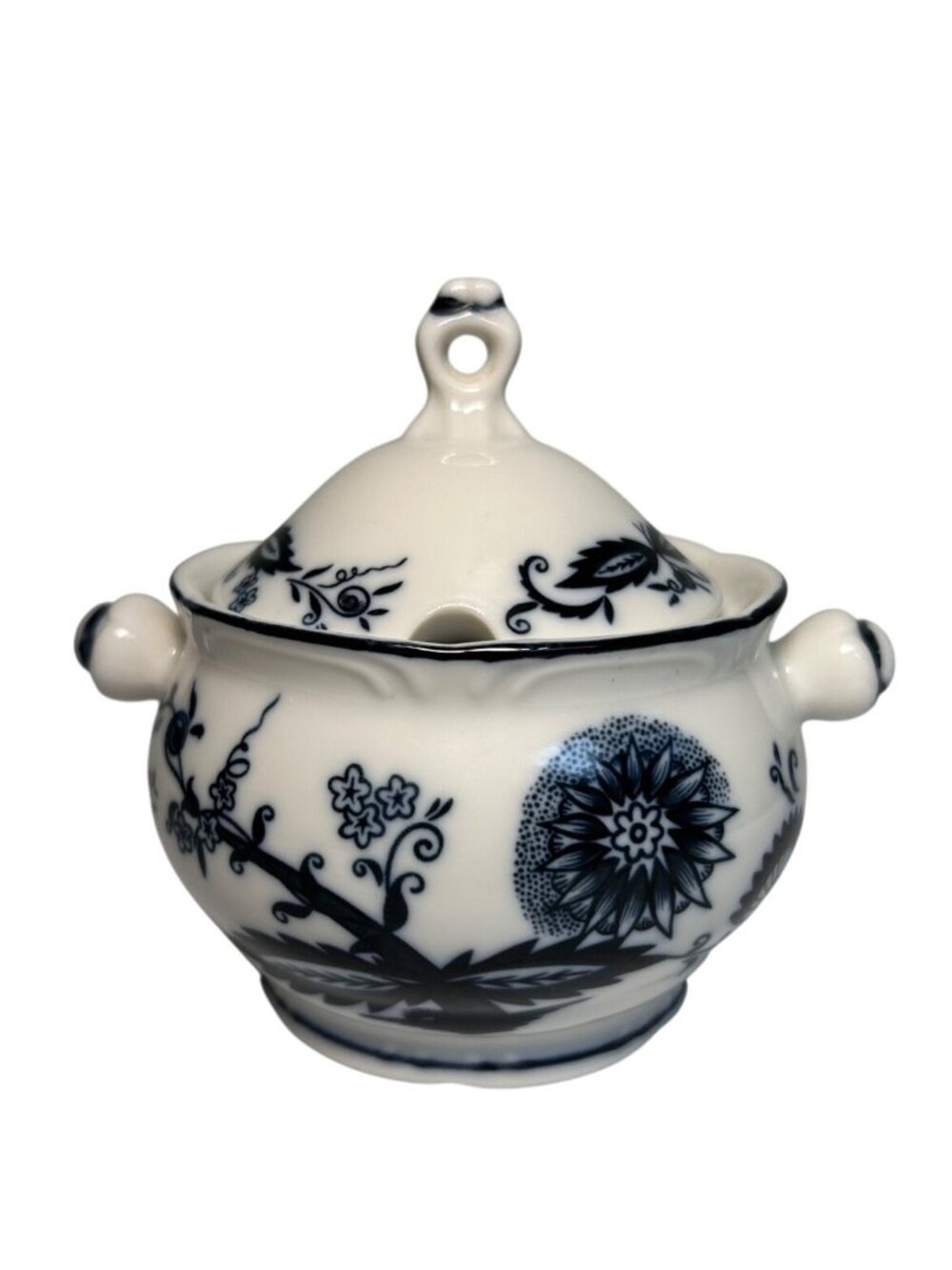 Ol’ Woods Lucky China Lidded Sugar Bowl With Floral Blue Onion & White Design